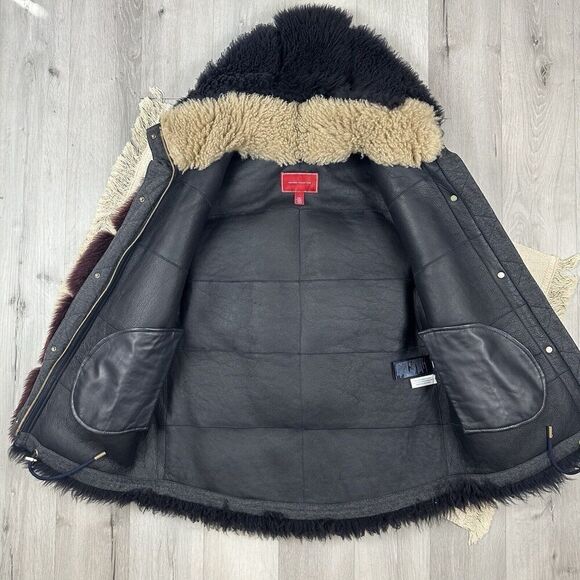Rare Tommy Hilfiger Fur Coat Shearling Hooded Jacket Navy Burgundy Size 2 - Picture 3 of 12